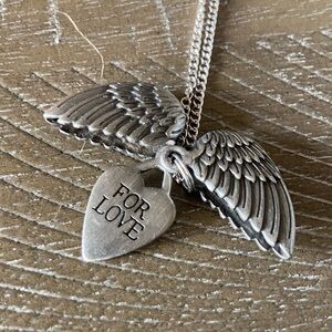 Pewter angel wing necklace with hidden heart pendant and chain